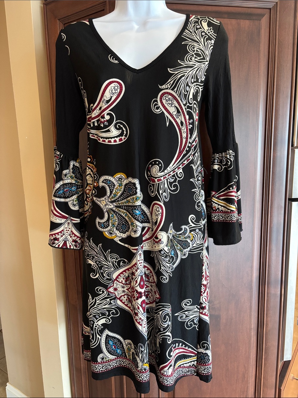 Black Paisley-Print V-Neck A-Line Dress